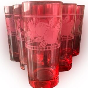 Vintage Pfaltzgraff Libbey Cranberry Tumbler Glasses Etched Lot of 6